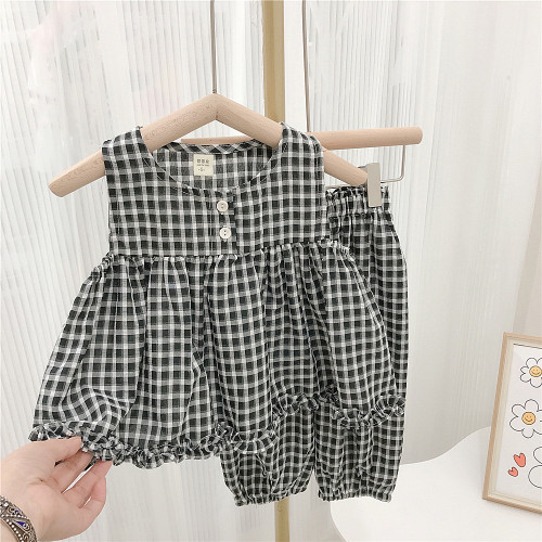 Korean girl polka dot suit summer children's clothing sleeveless doll shirt girl baby plaid fashionable two-piece set