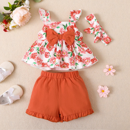 Girls Spring and Autumn Sleeveless Flower Print Top + Solid Color Shorts Two-piece Set