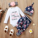 Girls' Autumn And Winter Long Sleeve Letter Print Top + Flower Print Trousers Four Pieces Set