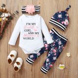 Girls' Autumn And Winter Long Sleeve Letter Print Top + Flower Print Trousers Four Pieces Set