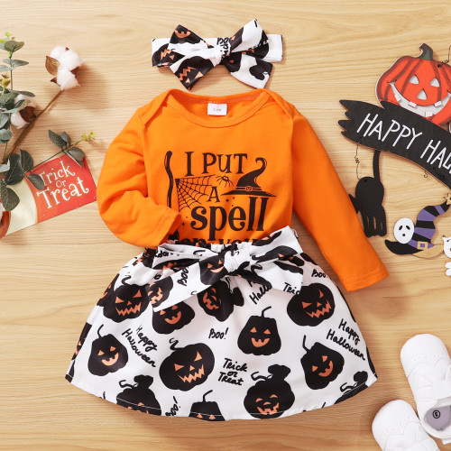 Girls Spring And Autumn Halloween Letter Print Long Sleeve Top + Skirt Three Piece Set