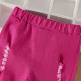 Girls Denim Bell Bottom Pants Rose Ripped Pants Fashion Trendy Tight Fitting Denim Stretch Kids Pants