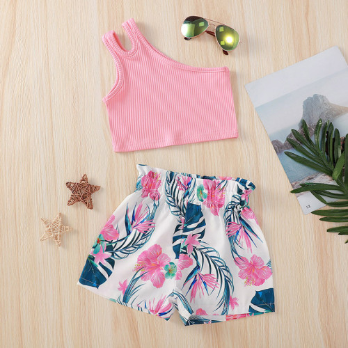 Girls Pink One Shoulder Straps Top + Plant Print Shorts Two-piece Set
