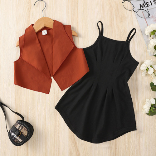 Girls' Brown Sleeveless Vest + Black Straps Skirt Two-piece Set