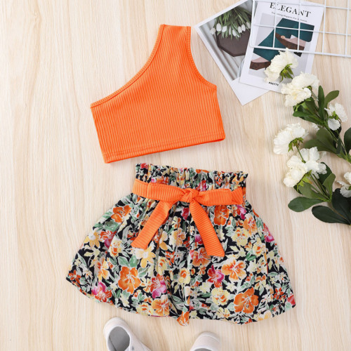 Girls Orange One Shoulder Straps Top+ Printed Short Skirt Two-piece Set