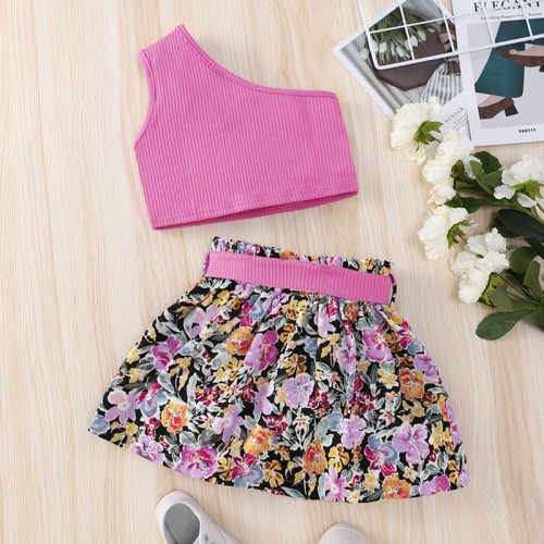 Girls Purple One Shoulder Straps Top + Flower Print Skirt Two-piece Set