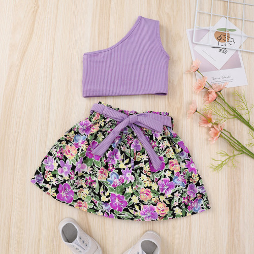 Girls Purple One Shoulder Straps One Shoulder Straps Top + Floral Skirt Two-piece Set