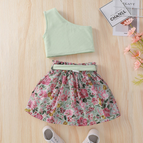 Girls Green  One Shoulder Straps Top + Floral Skirt Two-piece Set