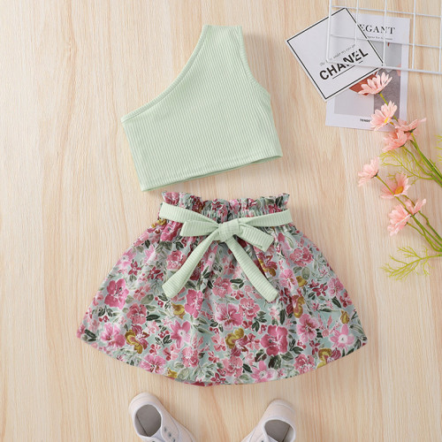 Girls Green  One Shoulder Straps Top + Floral Skirt Two-piece Set