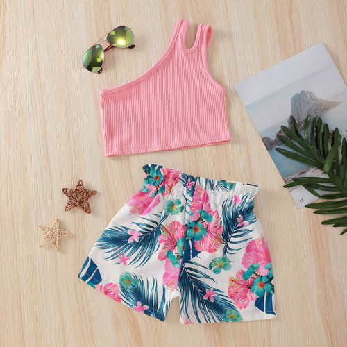 Girls Pink One Shoulder Straps Top + Plant Print Shorts Two-piece Set