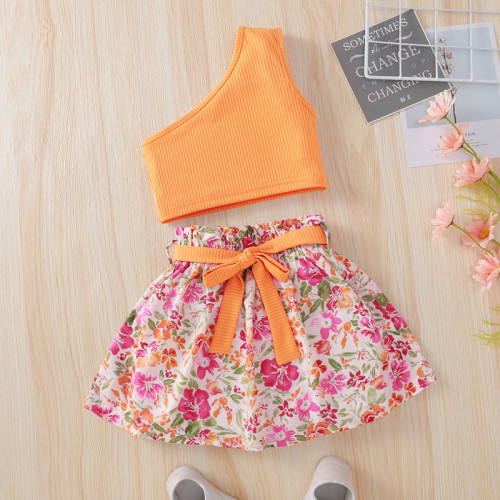 Girls Yellow One Shoulder Straps Top + Flower Print Skirt Two-piece Set
