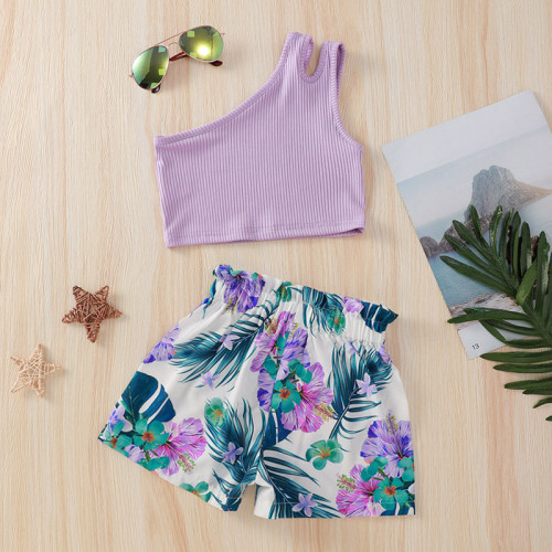 Girls Purple One Shoulder Straps Top + Plant Print Shorts Two-Piece Set
