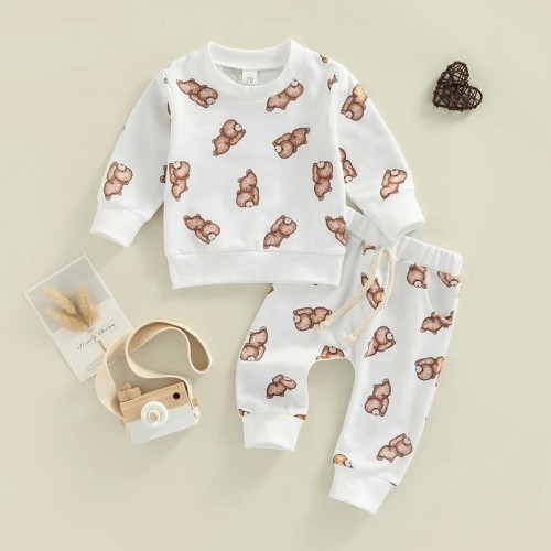 Autumn Winter Kids Casual Hoodies Set Baby Toddler Cartoon Bear Long Sleeve Pants Homewear Set