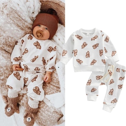 Autumn Winter Kids Casual Hoodies Set Baby Toddler Cartoon Bear Long Sleeve Pants Homewear Set