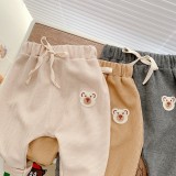 Children's waffle pants 0-3 years old autumn baby Trendy lace up Casual pants boy bear trousers