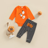 Halloween children's clothing boys and girls baby long-sleeved cartoon ghost print jumpsuit striped trousers suit