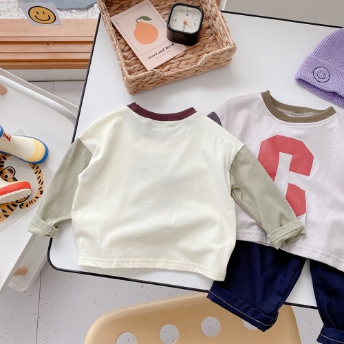 Baby Trendy Basic Shirt 0-3 Years Old Autumn Korean Children's Clothing Boys Letter Contrast Color T-Shirt Patchwork Top
