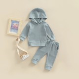 Kids Homewear Set Infant Waffle Long Sleeve Hooded Hoodies Sweatpants Set