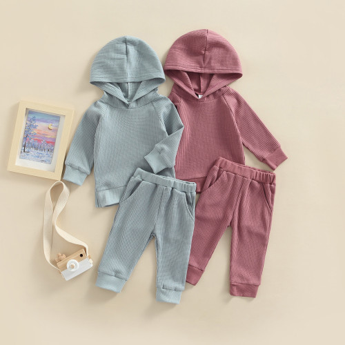 Kids Homewear Set Infant Waffle Long Sleeve Hooded Hoodies Sweatpants Set
