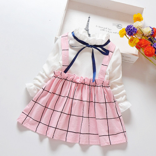 Baby Girl Solid Long Sleeve Kinittd Top And Strap Plaid Bib Skirt Two Piece Set