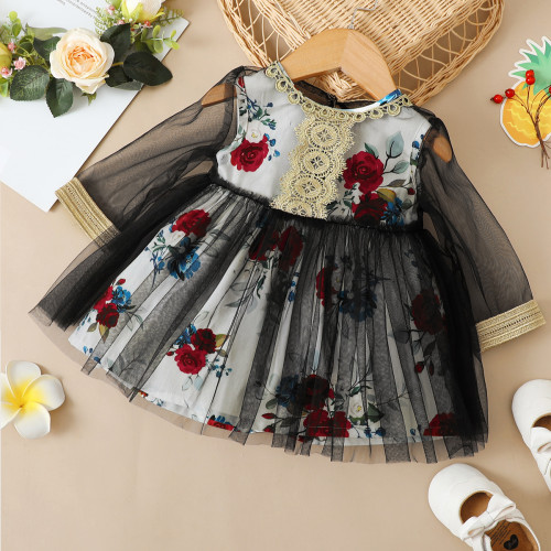 Baby Girl Floral Print Mesh Patchwork Long Sleeve Party Dress