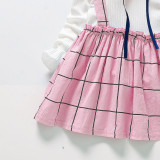 Baby Girl Solid Long Sleeve Kinittd Top And Strap Plaid Bib Skirt Two Piece Set