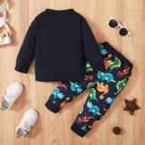 Boys Spring And Autumn Letter Print Long Sleeve Top +Dinosaur Print Trousers Two Piece Set