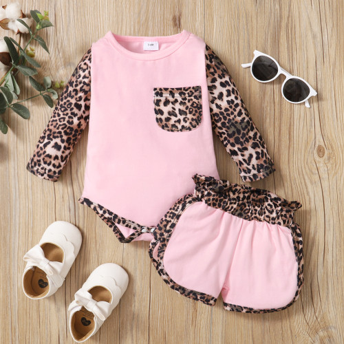 Baby Girl Fall Leopard Patchwork Long Sleeve T-Shirt And Shorts Two Piece Set