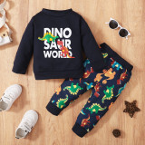 Boys Spring And Autumn Letter Print Long Sleeve Top +Dinosaur Print Trousers Two Piece Set