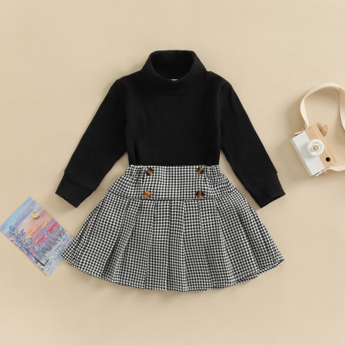 Autumn girls  children's solid color long-sleeved turtleneck T-shirt houndstooth pleated skirt two-piece set