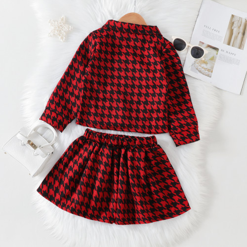 Fall Girls Suits Little Girls Houndstooth Long Sleeve Turndown Collar Coat Skirt Suit