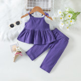 Summer girls suspender suit little girl solid color suspender top trousers two-piece set