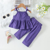 Summer girls suspender suit little girl solid color suspender top trousers two-piece set
