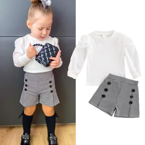 Girls Autumn Outfit Small Girls Solid Color Long Sleeve Round Neck T-Shirt Houndstooth Shorts Two-Piece Set