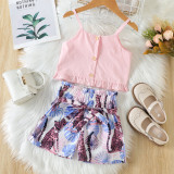 Summer girls suit children's solid color suspender top striped print lace-up shorts two-piece summer