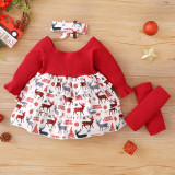 Baby Girl Christmas Elk Print 4PC Skirt Set