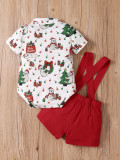Baby Boy Christmas Print Two Piece Suspender Shorts Set