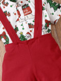 Baby Boy Christmas Print Two Piece Suspender Shorts Set