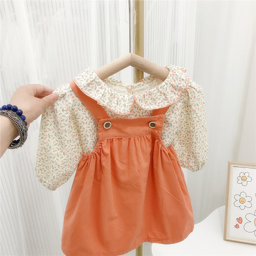 Spring And Autumn Baby Girls Fashion Floral Suspender Skirt Suit Two-Piece Set