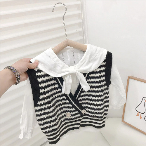 Kids Fall Girls Striped Knitting Vest Trendy Kids Loose Casual Vest Sweater