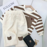 Spring And Autumn Girls Bear Print Wide Leg Pants Set Fashionable Children Trendy Two-Piece Autumn Baby Clothes