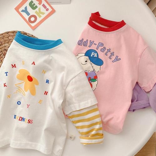 Children'S Basic Shirts 1-7 Years Old Autumn Baby Girls Contrast Color Striped Top Fake Two-Piece Long Sleeve T-Shirts