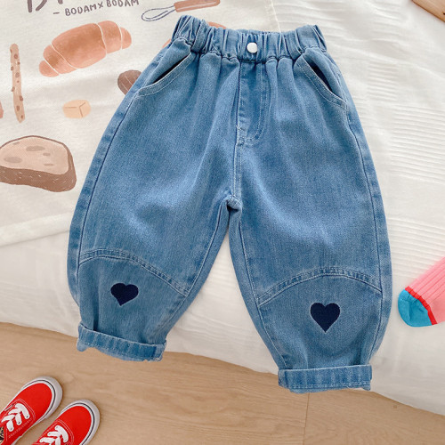 Girls Heart Print Denim Pants 1-7 Years Old Baby Girls Casual Pants Children's Pants