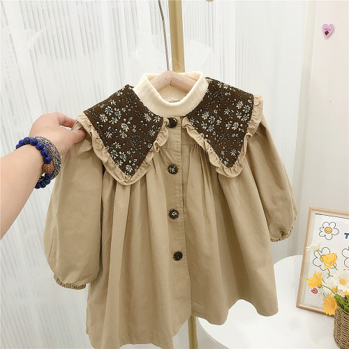 Girl Autumn Floral Collar Long Sleeve Trench Dress