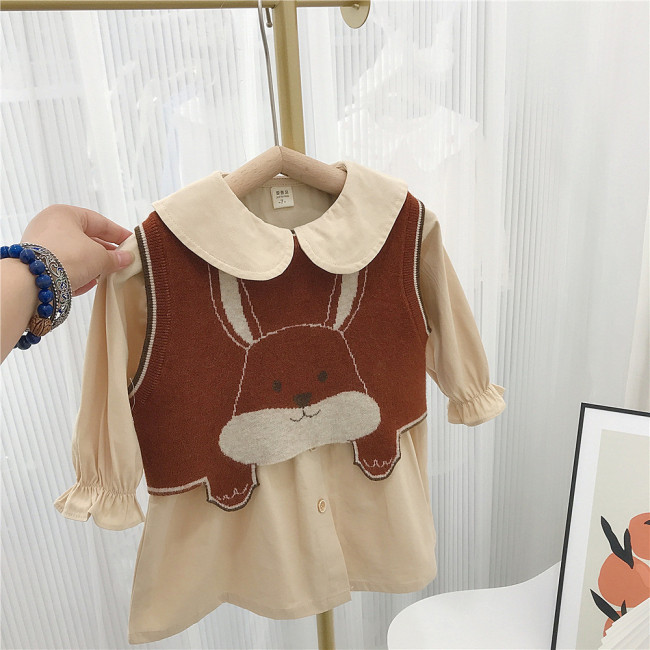 Girl Turndown Collar Shirt Dress + Cartoon Vest Sweater Two Piece Set