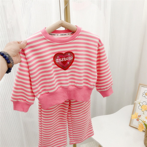 Girl Trendy Heart Embroidered Striped Long Sleeve Top+ Pant Two-Piece Set