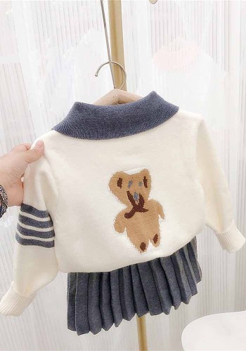 Girl Fall College Style Trendy Bear Knitting Sweater + Pleated Skirt Two-piece Set
