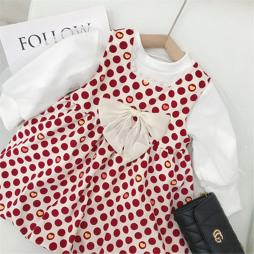 Girl polka dot vest suspender skirt two piece set