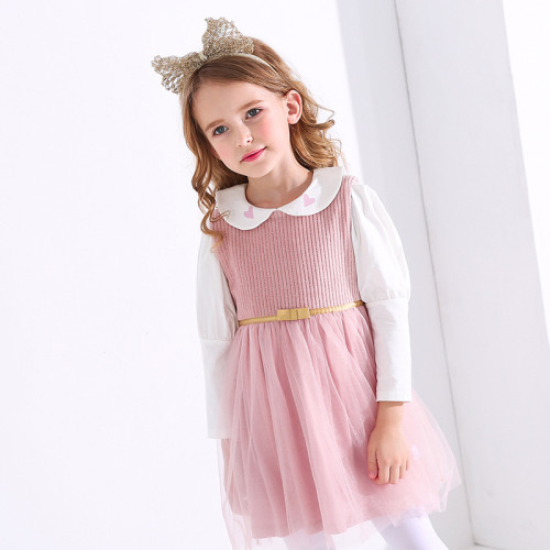 Autumn girls suit Peter Pan Collar Basic shirt mesh vest skirt sweet children's two-piece princess dress