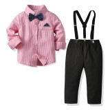 Small and medium-sized children's baby bow tie striped shirt overalls suit Boys performance one-year-old catch week dress suit